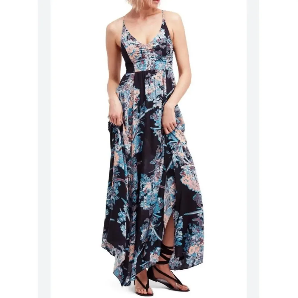 Free People Through The Vine Maxi Dress Carbon Black Floral Sz XS Boho Garden